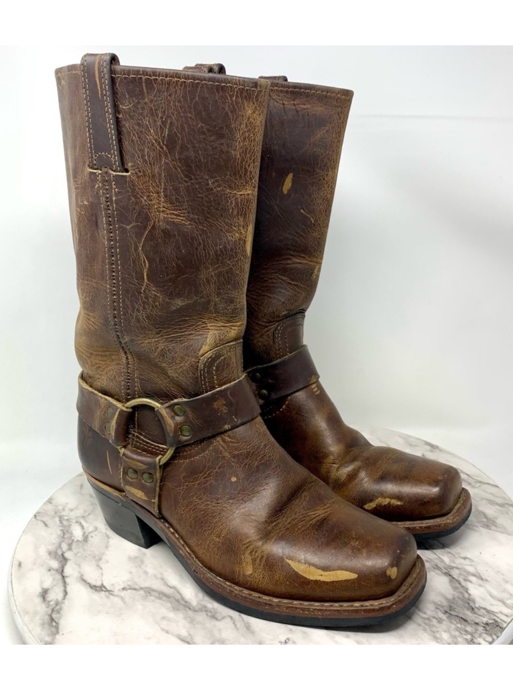 $388 Frye Square Toe Brown Oiled Leather Harness Boots 8 Heritage Grunge Biker